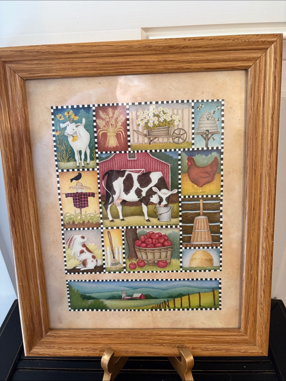 Rustic Farmhouse Animal Patchwork Print in Oak Frame - Multicolor